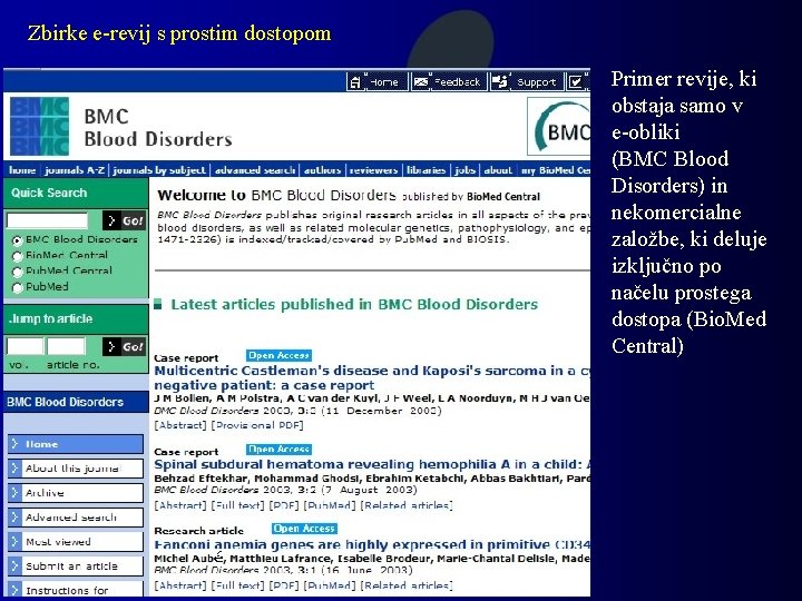 Zbirke e-revij s prostim dostopom Primer revije, ki obstaja samo v e-obliki (BMC Blood