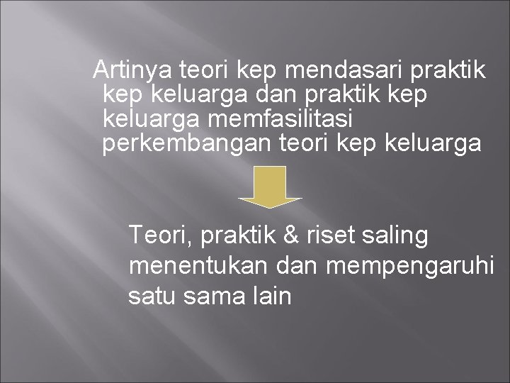 Artinya teori kep mendasari praktik kep keluarga dan praktik kep keluarga memfasilitasi perkembangan teori