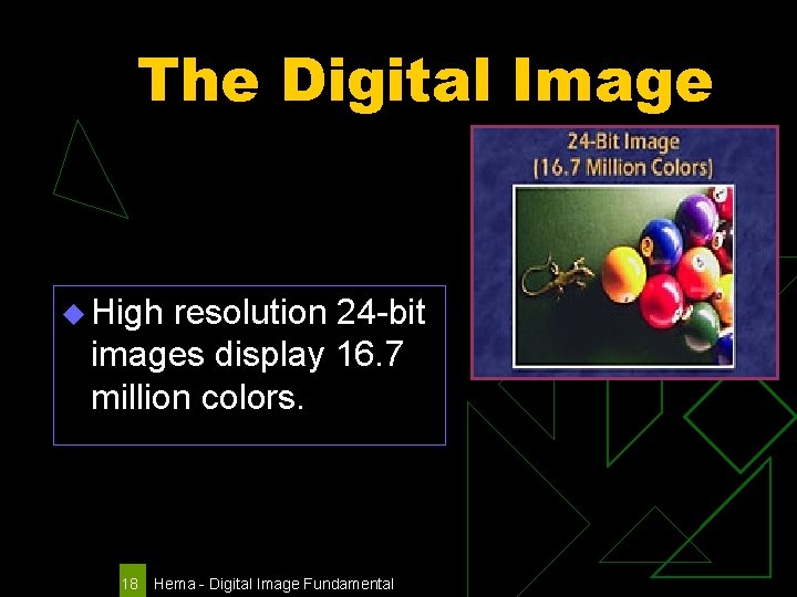 The Digital Image u High resolution 24 -bit images display 16. 7 million colors.