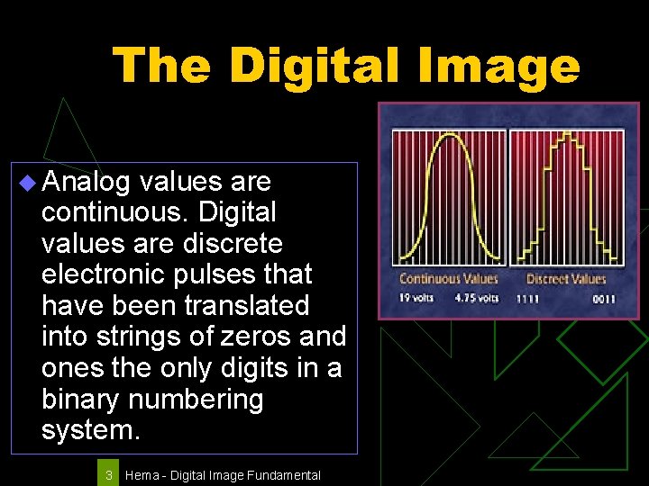 The Digital Image u Analog values are continuous. Digital values are discrete electronic pulses