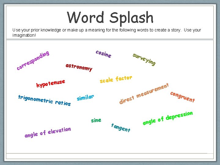 Word Splash Use your prior knowledge or make up a meaning for the following