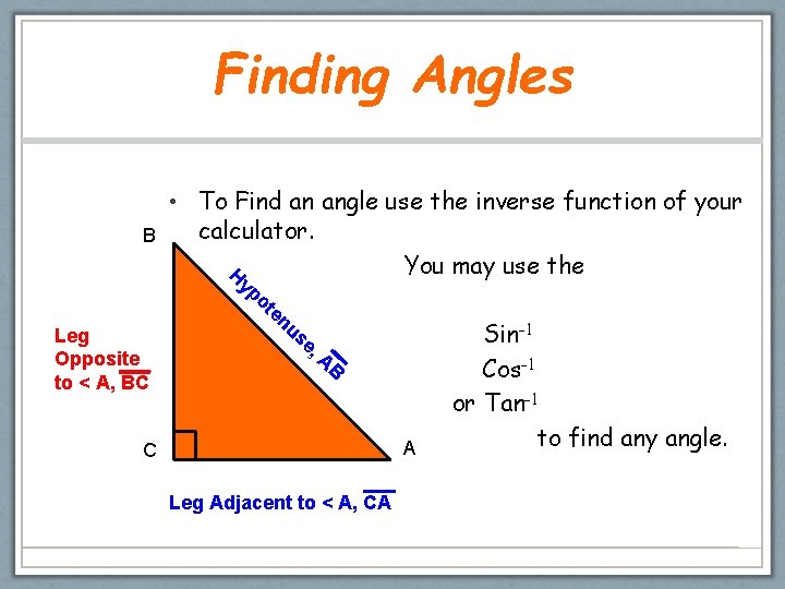 Finding Angles B • To Find an angle use the inverse function of your