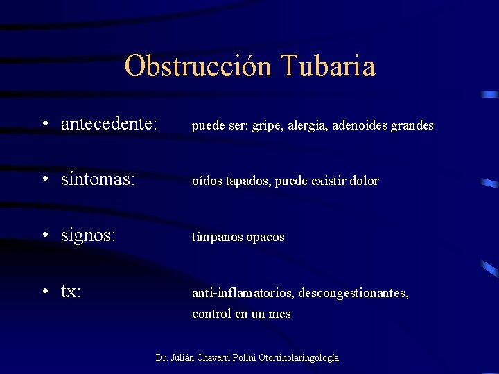 Obstrucción Tubaria • antecedente: puede ser: gripe, alergia, adenoides grandes • síntomas: oídos tapados,