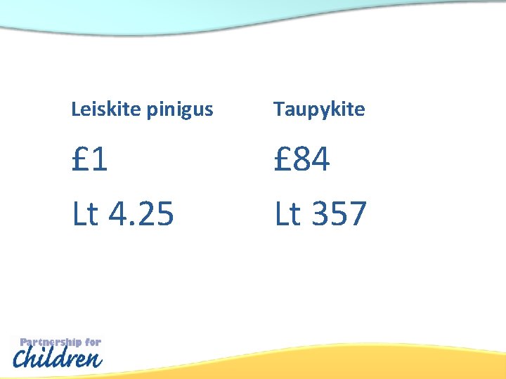 Leiskite pinigus Taupykite £ 1 Lt 4. 25 £ 84 Lt 357 