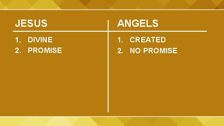JESUS ANGELS 1. DIVINE 2. PROMISE 1. CREATED 2. NO PROMISE JESUS ANGELS 1. DIVINE 2. PROMISE 1. CREATED 2. NO PROMISE