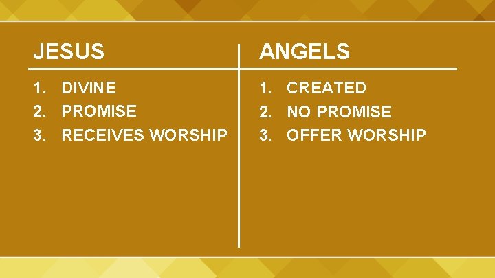 JESUS ANGELS 1. DIVINE 2. PROMISE 3. RECEIVES WORSHIP 1. CREATED 2. NO PROMISE JESUS ANGELS 1. DIVINE 2. PROMISE 3. RECEIVES WORSHIP 1. CREATED 2. NO PROMISE