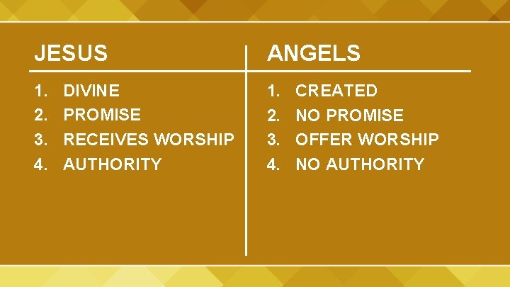 JESUS ANGELS 1. 2. 3. 4. DIVINE PROMISE RECEIVES WORSHIP AUTHORITY CREATED NO PROMISE JESUS ANGELS 1. 2. 3. 4. DIVINE PROMISE RECEIVES WORSHIP AUTHORITY CREATED NO PROMISE