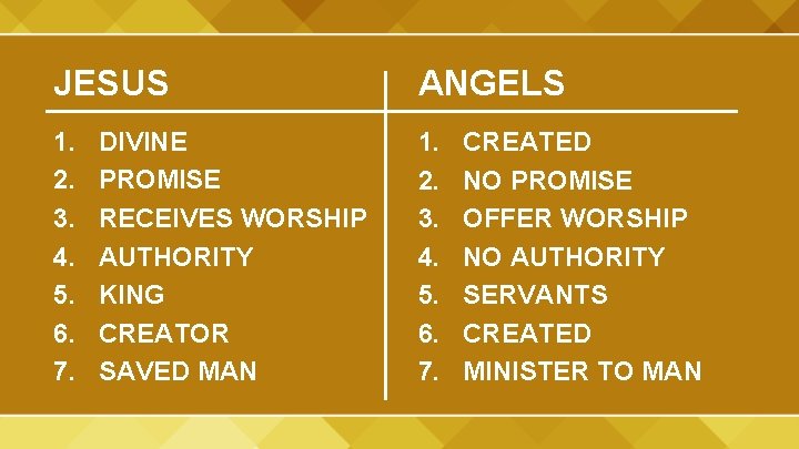 JESUS ANGELS 1. 2. 3. 4. 5. 6. 7. DIVINE PROMISE RECEIVES WORSHIP AUTHORITY