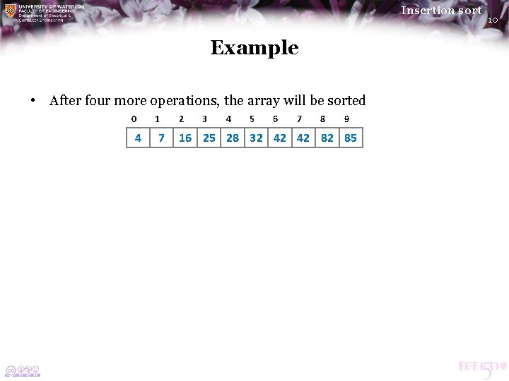Insertion sort Example • After four more operations, the array will be sorted 0