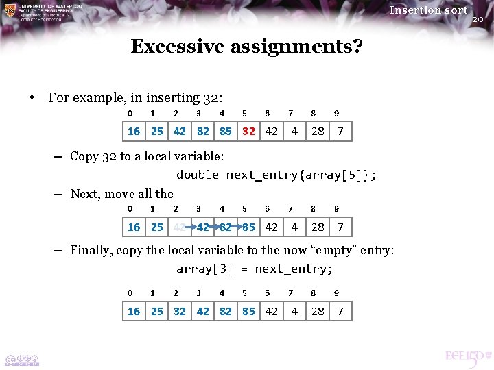 Insertion sort Excessive assignments? • For example, in inserting 32: 0 1 2 3