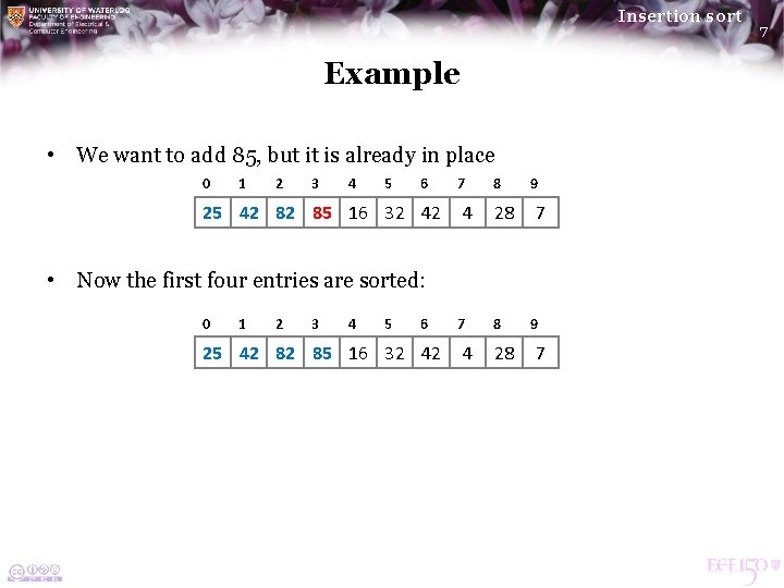 Insertion sort Example • We want to add 85, but it is already in