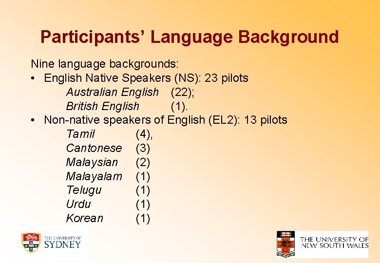 Participants’ Language Background Nine language backgrounds: • English Native Speakers (NS): 23 pilots Australian