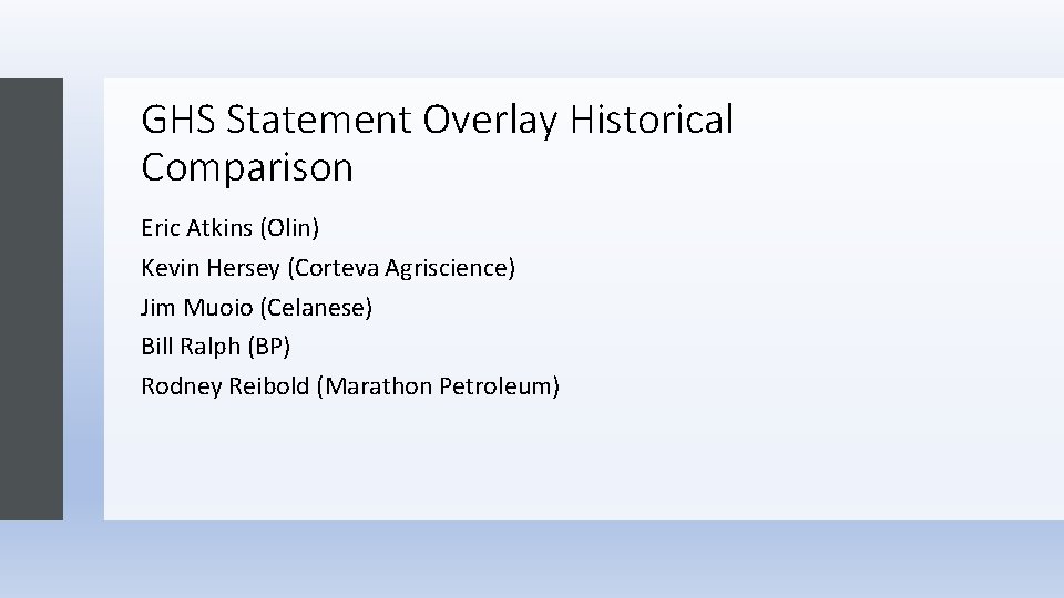 GHS Statement Overlay Historical Comparison Eric Atkins (Olin) Kevin Hersey (Corteva Agriscience) Jim Muoio