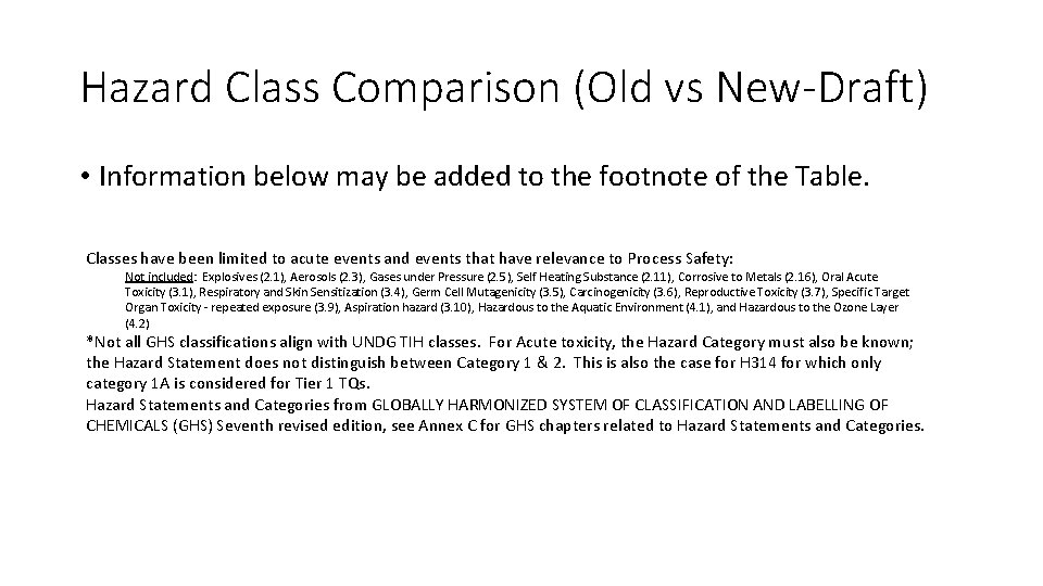 Hazard Class Comparison (Old vs New-Draft) • Information below may be added to the