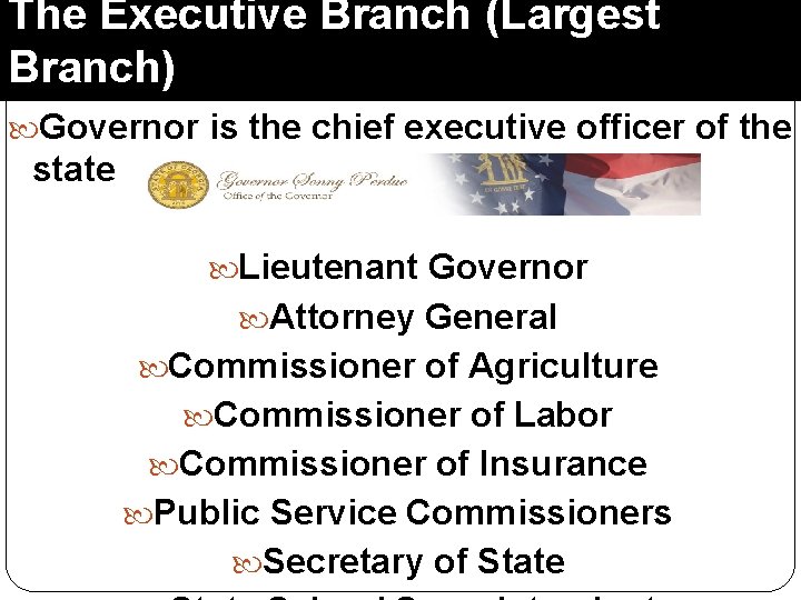 The Executive Branch (Largest Branch) Governor is the chief executive officer of the state