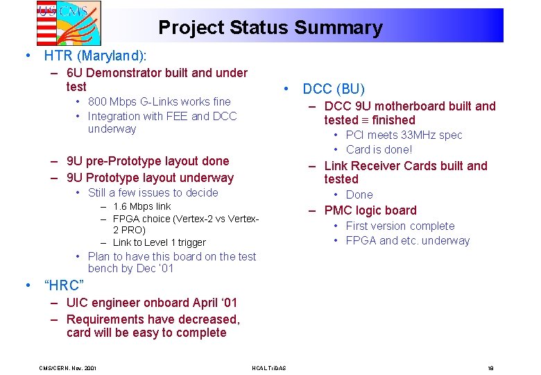 Project Status Summary • HTR (Maryland): – 6 U Demonstrator built and under test Project Status Summary • HTR (Maryland): – 6 U Demonstrator built and under test