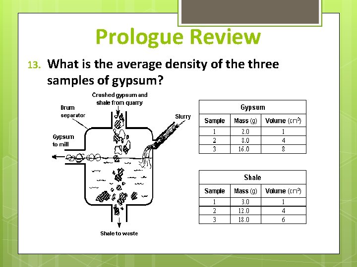 Prologue Review 13. What is the average density of the three samples of gypsum?