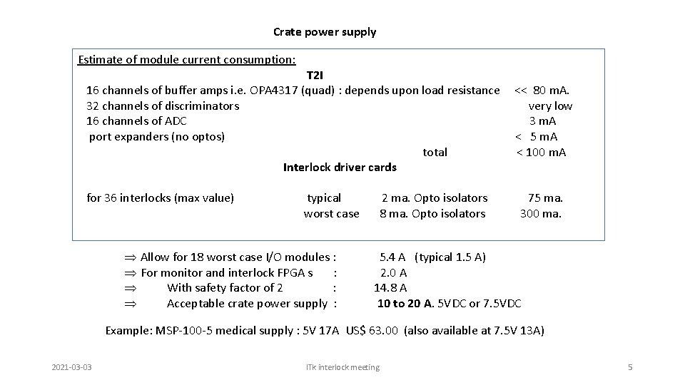 Crate power supply Estimate of module current consumption: T 2 I 16 channels of