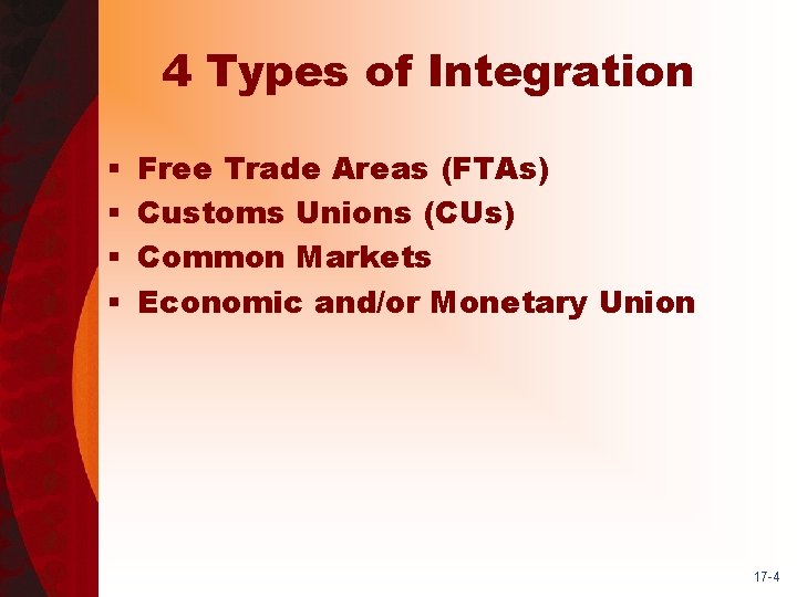 4 Types of Integration § § Free Trade Areas (FTAs) Customs Unions (CUs) Common