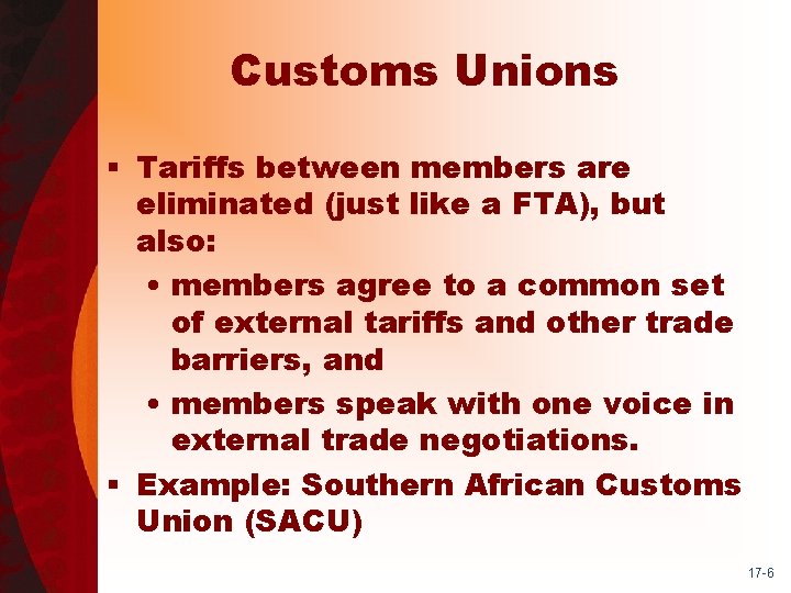 Customs Unions § Tariffs between members are eliminated (just like a FTA), but also: