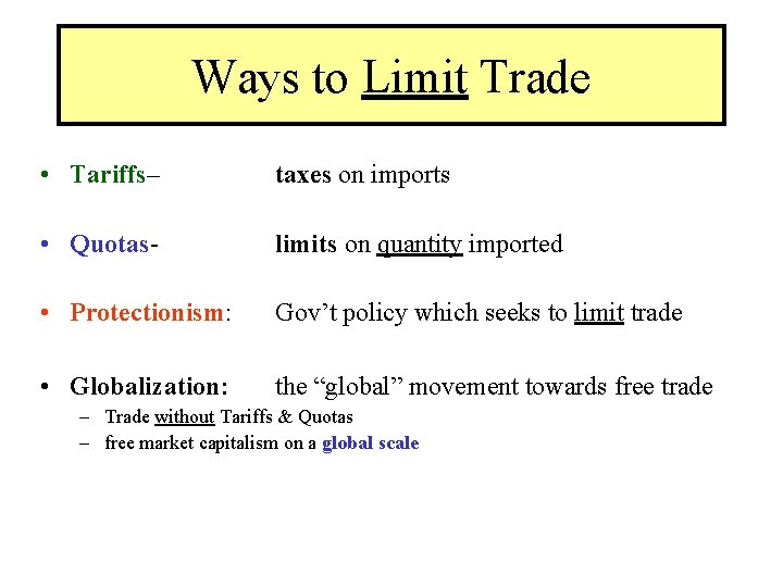 Ways to Limit Trade • Tariffs– taxes on imports • Quotas- limits on quantity