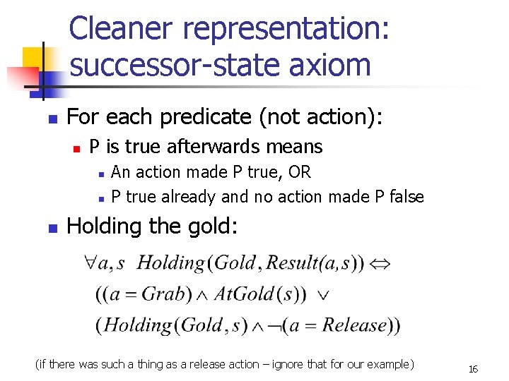 Cleaner representation: successor-state axiom n For each predicate (not action): n P is true