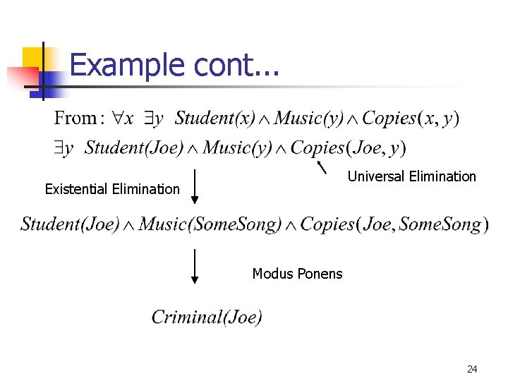 Example cont. . . Universal Elimination Existential Elimination Modus Ponens 24 