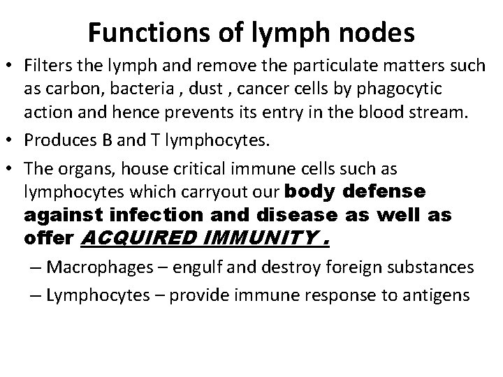 Functions of lymph nodes • Filters the lymph and remove the particulate matters such