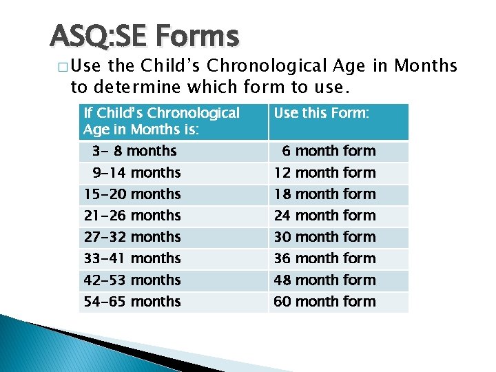 ASQ: SE Forms � Use the Child’s Chronological Age in Months to determine which