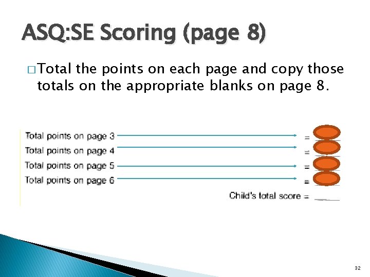 ASQ: SE Scoring (page 8) � Total the points on each page and copy