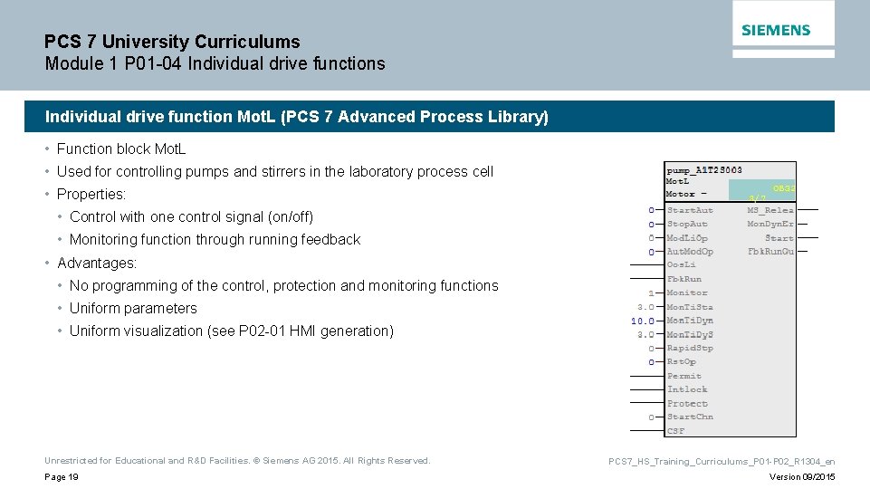PCS 7 University Curriculums Module 1 P 01 -04 Individual drive functions Individual drive PCS 7 University Curriculums Module 1 P 01 -04 Individual drive functions Individual drive