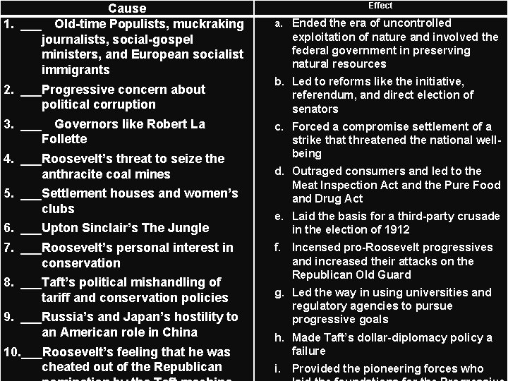 Cause 1. ___ Old-time Populists, muckraking journalists, social-gospel ministers, and European socialist immigrants 2.