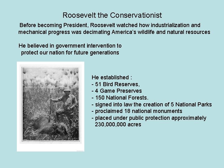 Roosevelt the Conservationist Before becoming President, Roosevelt watched how industrialization and mechanical progress was