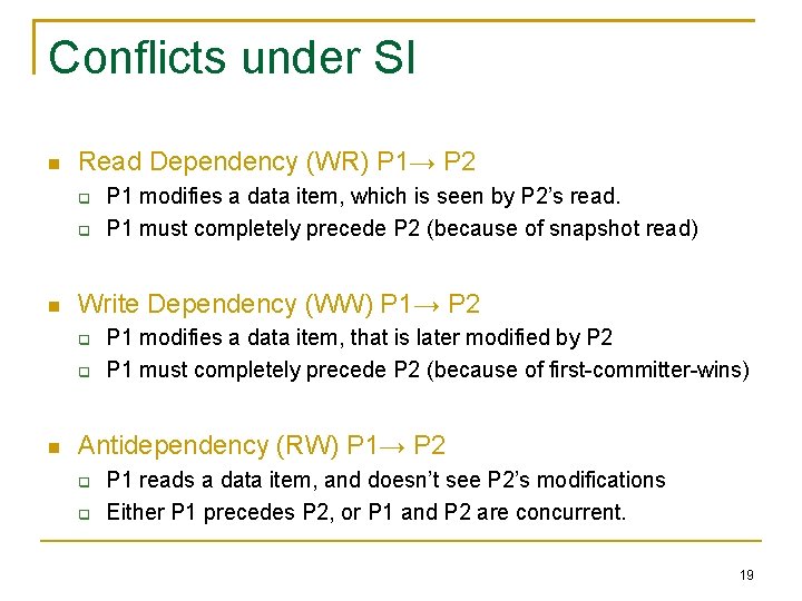 Conflicts under SI Read Dependency (WR) P 1→ P 2 Write Dependency (WW) P