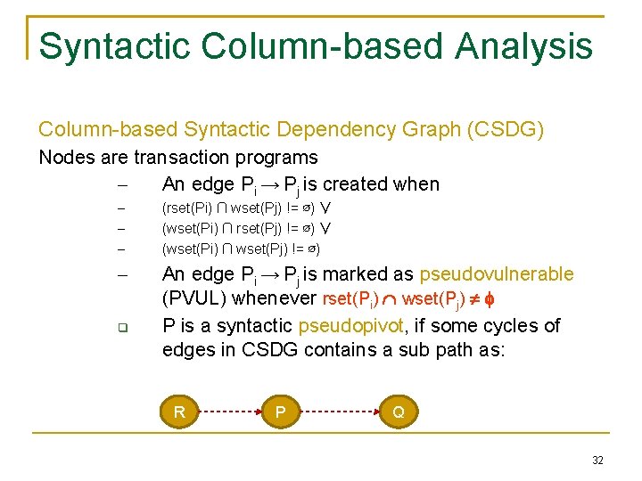Syntactic Column-based Analysis Column-based Syntactic Dependency Graph (CSDG) Nodes are transaction programs – An