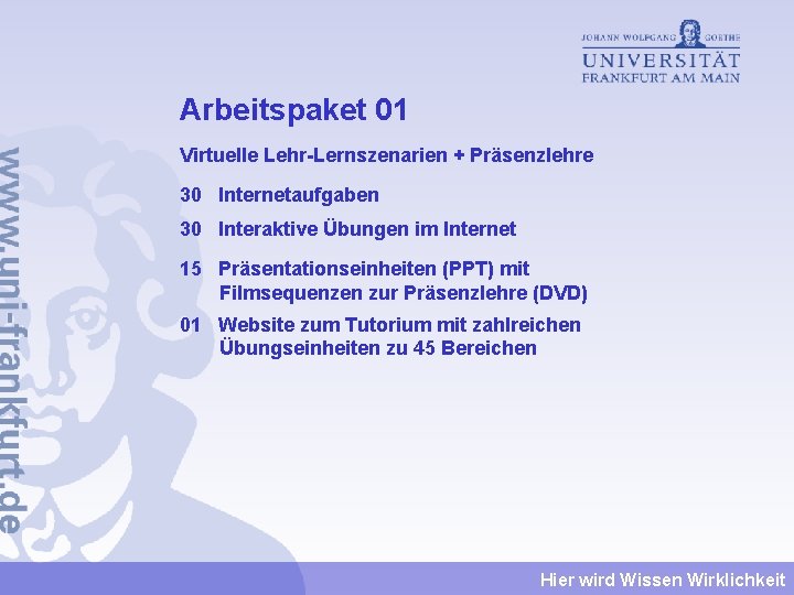 Arbeitspaket 01 Virtuelle Lehr-Lernszenarien + Präsenzlehre 30 Internetaufgaben 30 Interaktive Übungen im Internet 15