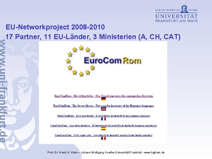 EU-Networkproject 2008 -2010 17 Partner, 11 EU-Länder, 3 Ministerien (A, CH, CAT) Prof. Dr.