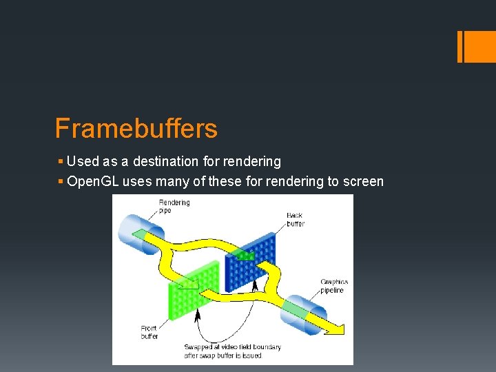 Framebuffers § Used as a destination for rendering § Open. GL uses many of