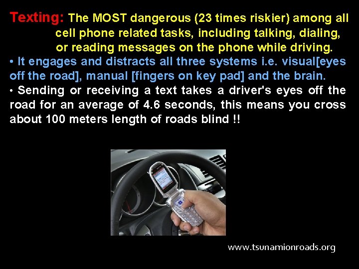 Texting: The MOST dangerous (23 times riskier) among all cell phone related tasks, including