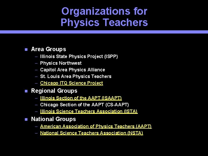 Organizations for Physics Teachers Area Groups – – – Illinois State Physics Project (ISPP)