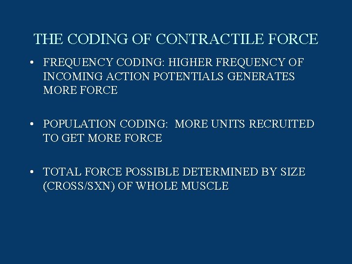 THE CODING OF CONTRACTILE FORCE • FREQUENCY CODING: HIGHER FREQUENCY OF INCOMING ACTION POTENTIALS