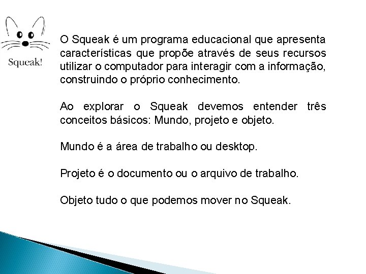 O Squeak é um programa educacional que apresenta características que propõe através de seus