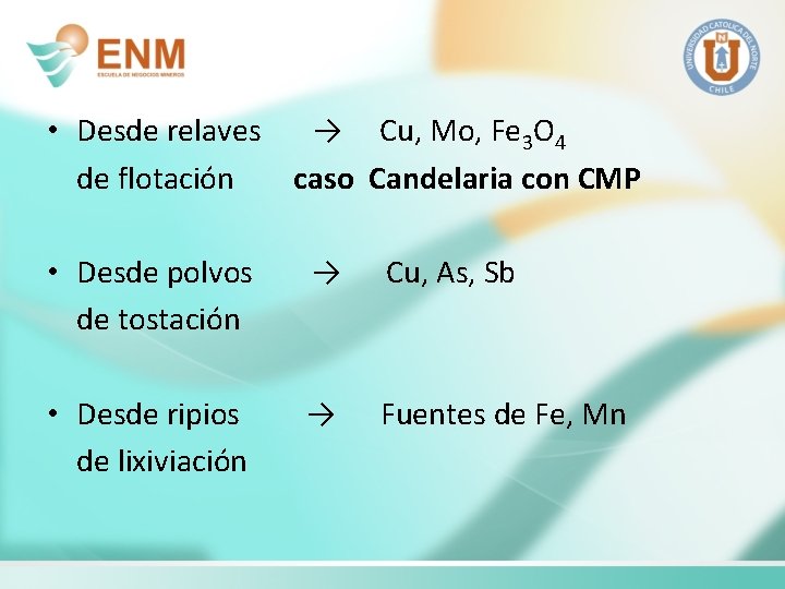  • Desde relaves → Cu, Mo, Fe 3 O 4 de flotación caso