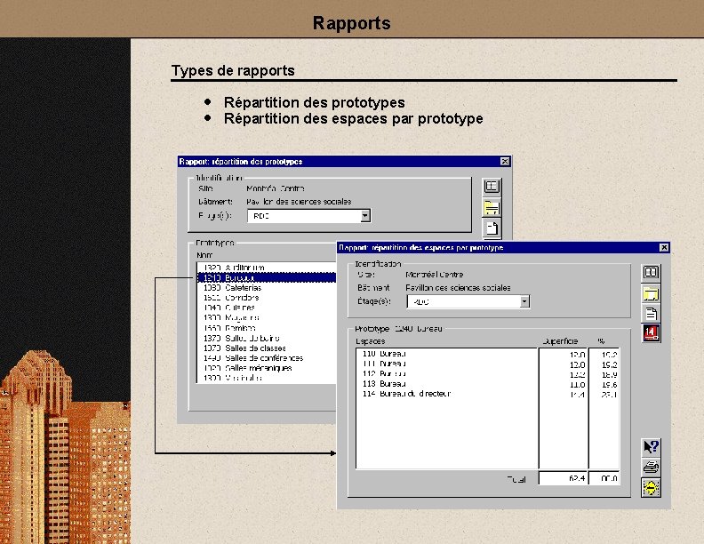 Rapports Types de rapports · Répartition des prototypes · Répartition des espaces par prototype