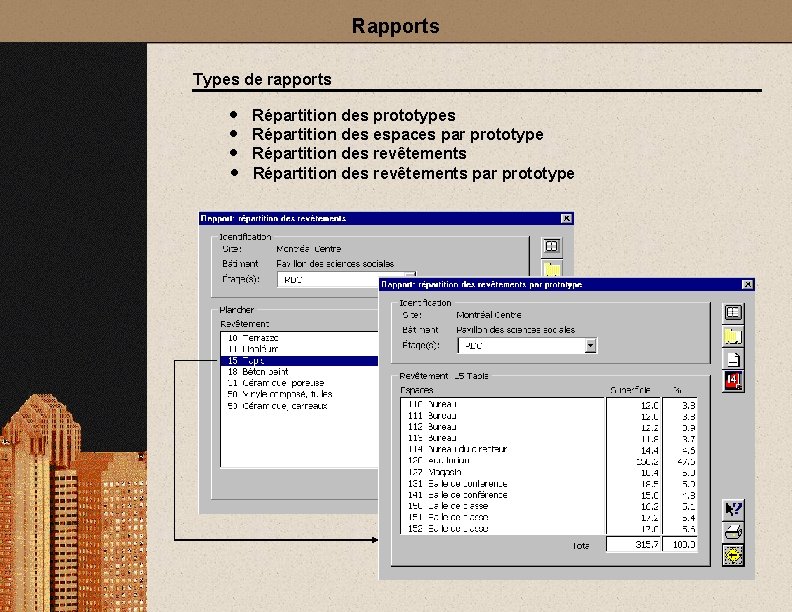Rapports Types de rapports · · Répartition des prototypes Répartition des espaces par prototype