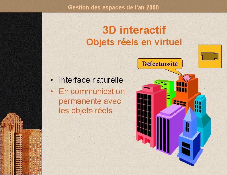 Gestion des espaces de l’an 2000 3 D interactif Objets réels en virtuel Défectuosité