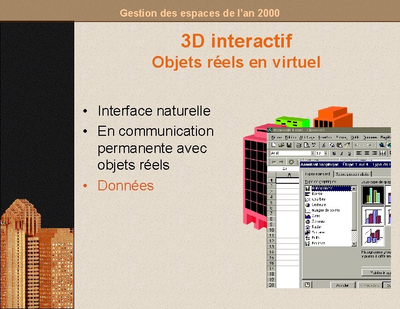 Gestion des espaces de l’an 2000 3 D interactif Objets réels en virtuel •