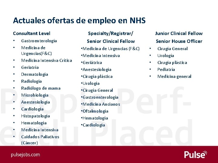 Actuales ofertas de empleo en NHS Consultant Level • • • • Gastroenterología Medicina