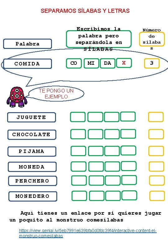 SEPARAMOS SÍLABAS Y LETRAS Escribimos la palabra pero separándola en SÍLABAS Palabra COMIDA CO