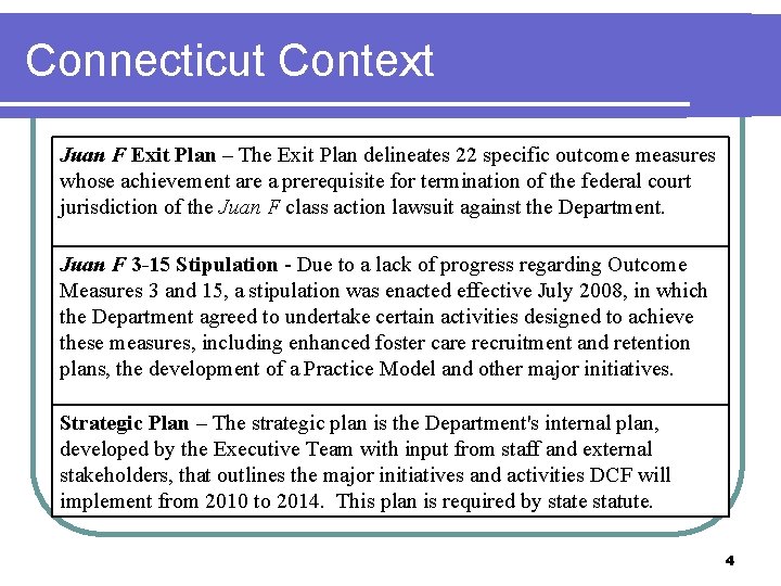 Connecticut Context Juan F Exit Plan – The Exit Plan delineates 22 specific outcome